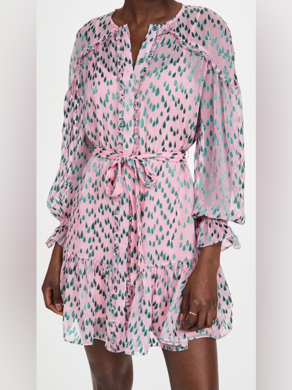 SALONI Pixie Pink Green Teardrop Devore Silk Long Sleeve Dress Sz 6